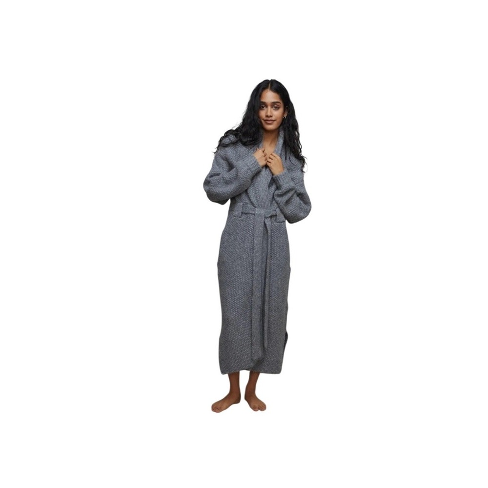 Lunya Chunky Wool Robe Womens XS/S Grey Excellent Long Knit Belted Cardigan